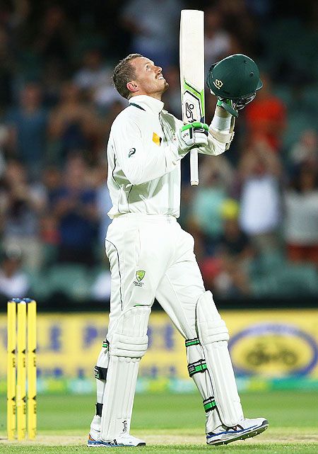 Australia's Peter Siddle of looks to the sky after hitting the winning runs during day three of the Third Test match against New Zealand at Adelaide Oval in Adelaide on Sunday