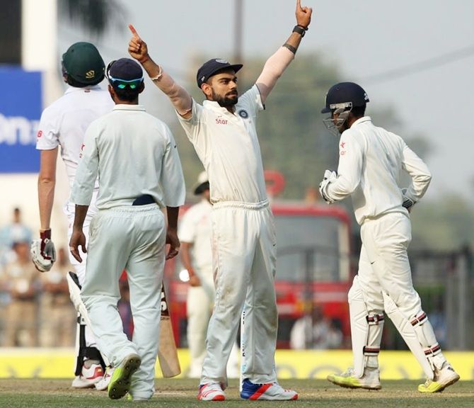 India's Captain Virat Kohli celebrates victory in the third Test against South Africa at Nagpur