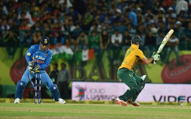 AB de Villiers is clean bowled by Ravichandran Ashwin during the first T20 International in Dharamsala
