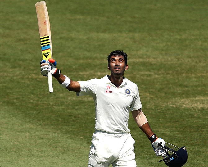 Lokesh Rahul of India celebrates and acknowledges the crowd after scoring a century  