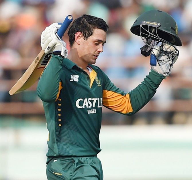 South African batsman Quinton de Kock celebrates his fourth ODI ton against India