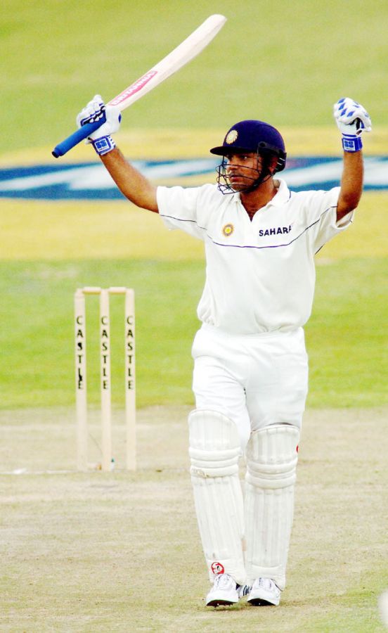 Virender Sehwag celebrates a century in his debut Test against South Africa in Bloemfontein, South Africa in 2001