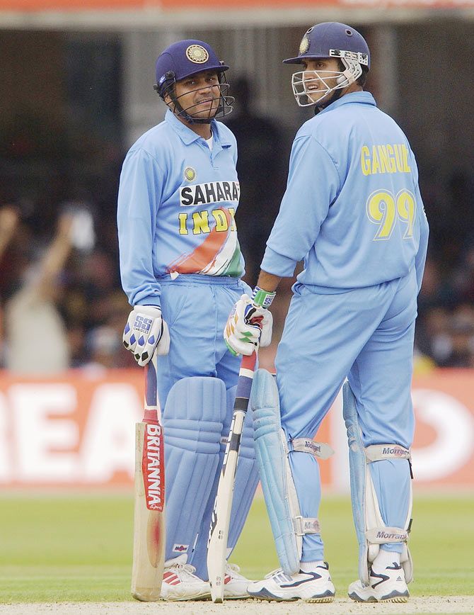 Indian batsmen Sourav Ganguly and Virender Schwag at Lord's in London on June 29, 2002