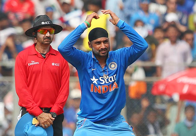 India's Harbhajan Singh of India reacts after a delivery 