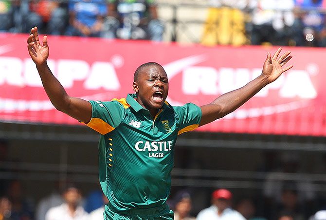 South Africa's Kagiso Rabada celebrates after taking an Indian wicket. Photograph: BCCI