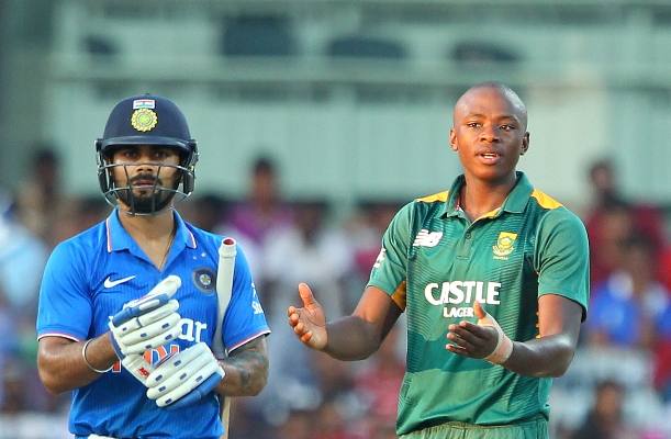 Kagiso Rabada of South Africa celebrates after taking the wicket of India's Virat Kohli 