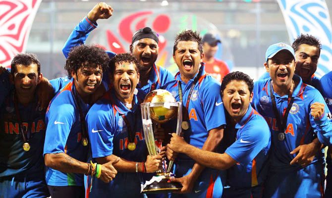 India's players celebrate winning the 2011 ICC World Cup at the Wankhede Stadium in Mumbai