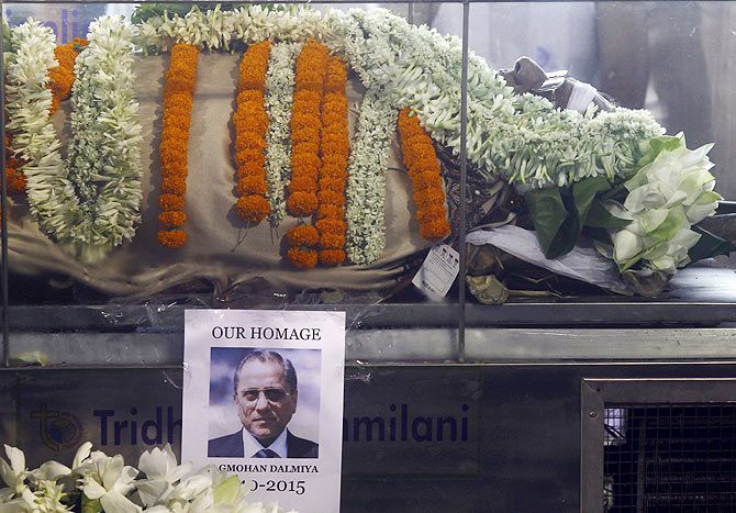 The body of Jagmohan Dalmiya, president of Board of Control for Cricket in India (BCCI), is seen at the Eden Gardens in Kolkata on Monday