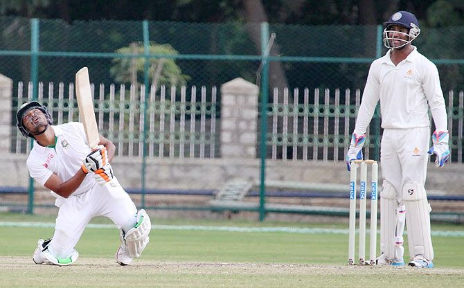 Anamul Haque of Bangladesh 'A' plays a shot on the 2nd day of the three-day cricket match against Karnataka in Mysore on Wednesday
