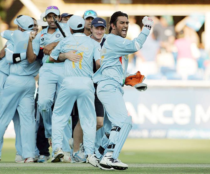 : Team India captain Mahendra Singh Dhoni and his teammates celebrate after beating Pakistan in the ICC World T20 final at the Wanderers Cricket Stadium in Johannesburg on September 24, 2007