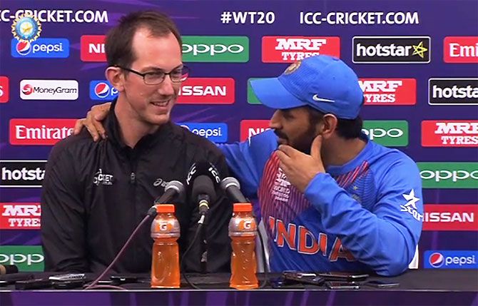 A video grab of Dhoni counter-questioning journalist Samuel Ferris at the post-match press conference in Mumbai on Thursday