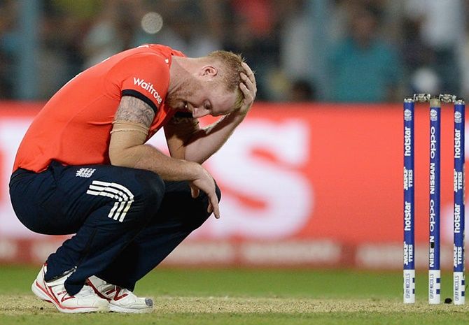 England’s Ben Stokes reacts after being hit for four sixes in the final over of the World T20 Championships final against West Indies