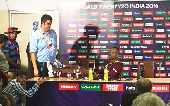 Marlon Samuels looks relaxed at the post-match press conference on Sunday