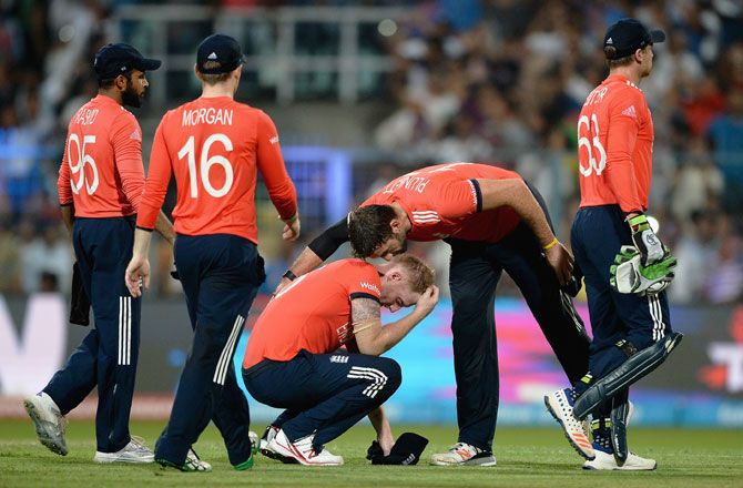 England's Ben Stokes is consoled by teammate Liam Plunkett after losing the ICC World Twenty20 final against the West Indies at Eden Gardens in Kolkata on Sunday