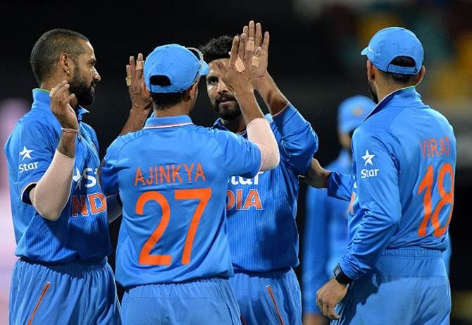 Team India players celebrate a dismissal