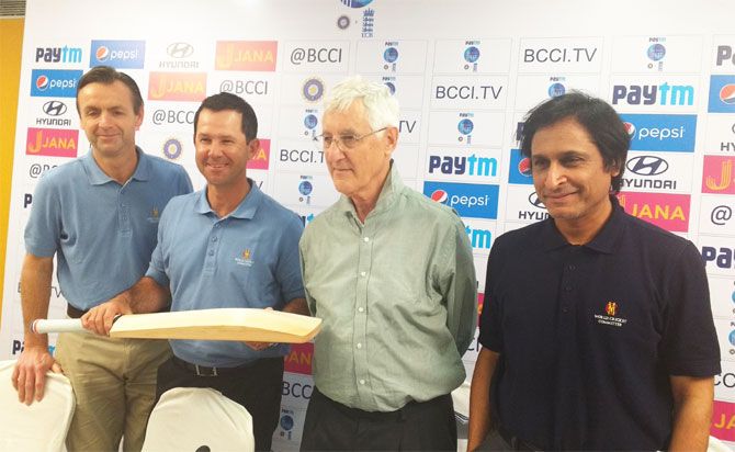 MCC World Committee members John Stephenson, Ricky Ponting, Mike Brearley and Ramiz Raja at the Wankhede stadium in Mumbai on Wednesday