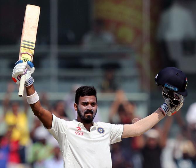India's K L Rahul celebrates his century against England on Day 3 of the 5th Test in Chennai on Sunday