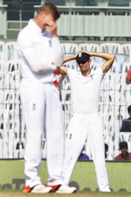England captain Alastair Cook and Joe Root's make a picture of frustration during Day 4 of the 5th Test in Chennai on Monday