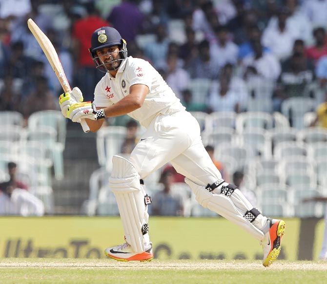 Karun Nair bats en route his triple century during the 5th Test against England in Chennai on Monday