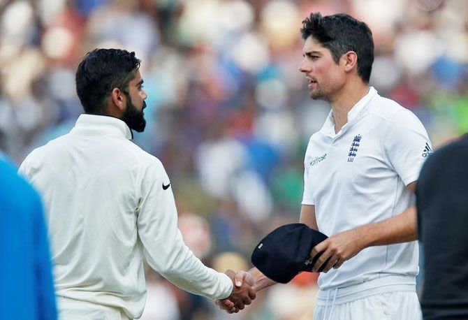 England captain Alastair Cook congratulates India captain Virat Kohli after the 5th Test in Chennai on Tuesday