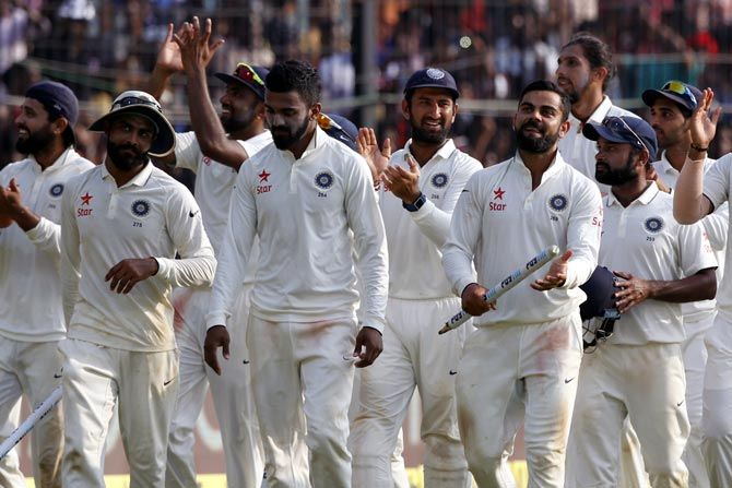 India's players celebrate after winning the fifth and final Test in Chennai on Tuesday