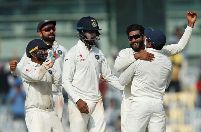 India's Ravindra Jadeja celebrates a wicket en route his five-wicket haul against against England in the Chennai Test on Tuesday