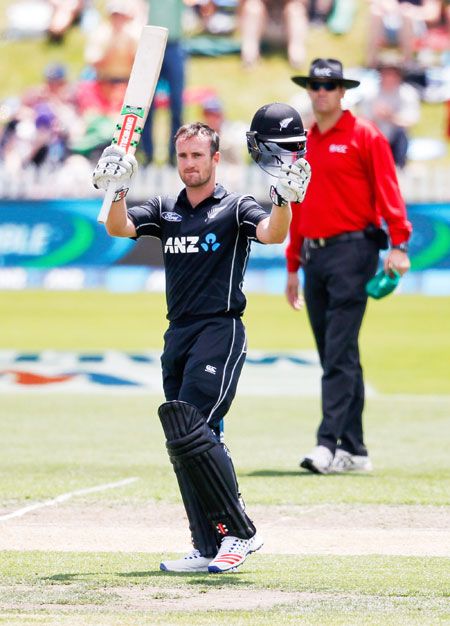 New Zealand's Neil Broom celebrates on scoring his ODI maiden century during the 2nd ODI against Bangladesh on Thursday