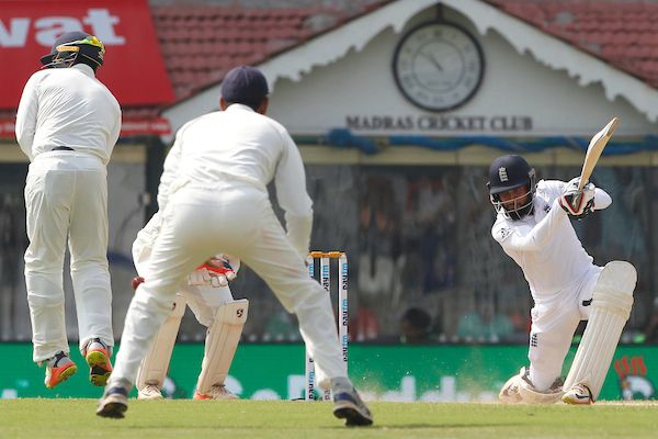 Adil Rashid plays a cover drive against India in Chennai on Saturday
