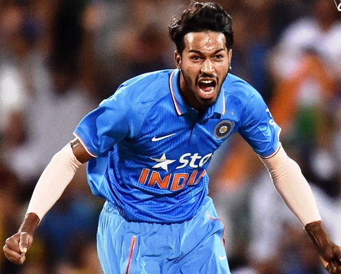 Hardik Pandya of India reacts after taking an Australian wicket 