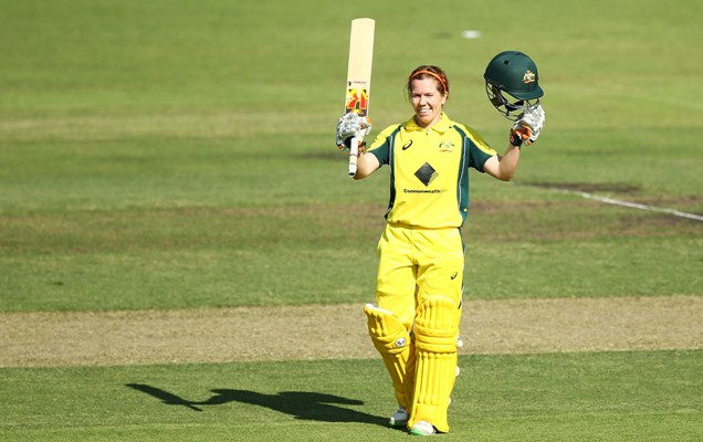 Alex Blackwell of Australia celebrates her century during the ODI series against India in Canberra 