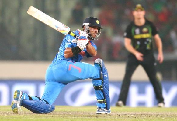 India's Yuvraj Singh plays a shot 