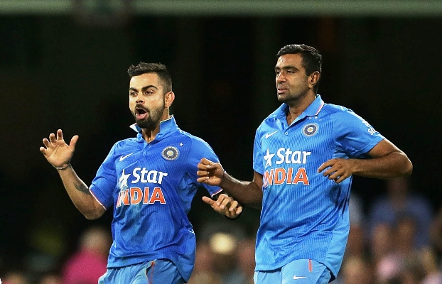 India's Virat Kohli and Ravichandran Ashwin celebrate their win over Australia in the T20 series 