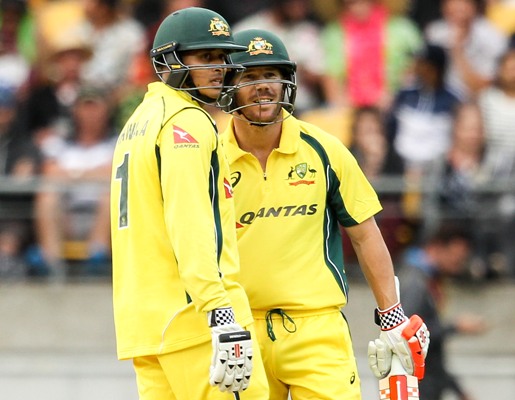 Usman Khawaja (left) and David Warner of Australia during the second ODI against New Zealand in Wellington 