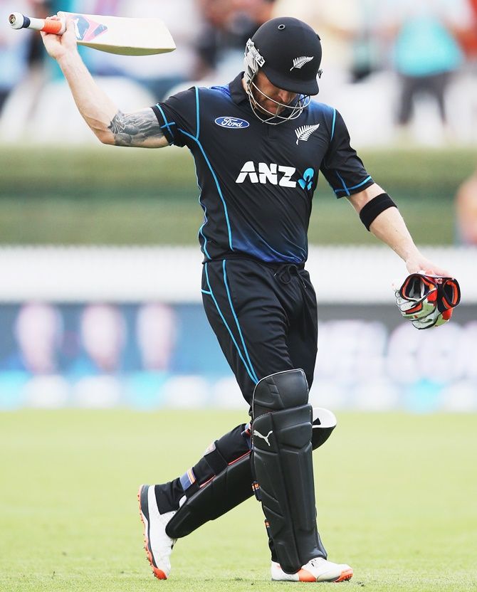 New Zeland’s Brendon McCullum acknowledges the crowd at Seddon Park after being dismissed during his final ODI