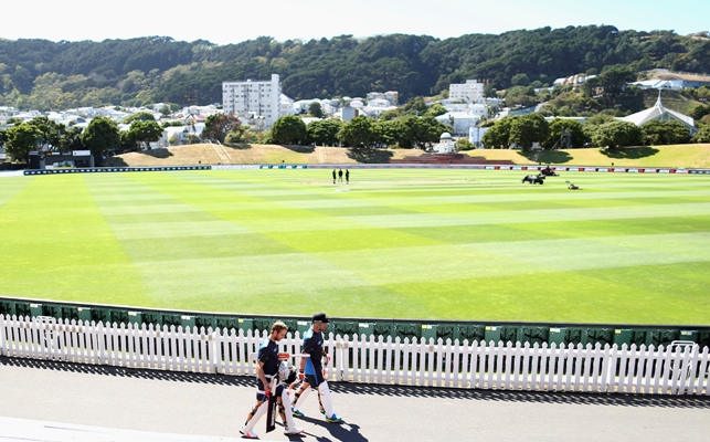Kane Williamson and Brendon McCullum of New Zealand walk to the nets during a New Zealand nets session at Basin Reserve 