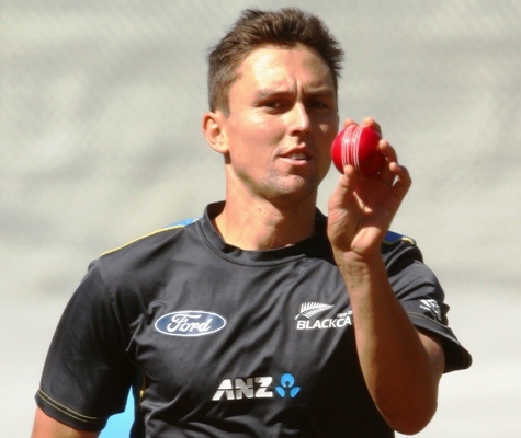 Trent Boult of New Zealand bowls during a New Zealand nets session at Basin Reserve 