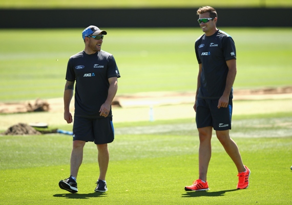 Brendon McCullum of New Zealand talks with Tim Southee during a nets session at Hagley Oval 