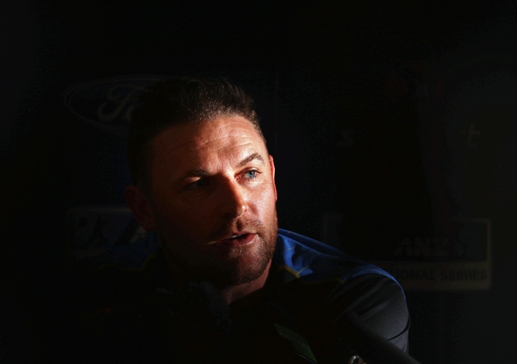 Brendon McCullum of New Zealand speaks to the media before his last Test in Churchgate 