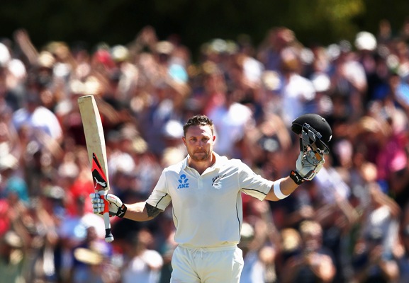 Brendon McCullum of New Zealand celebrates after breaking the world record 