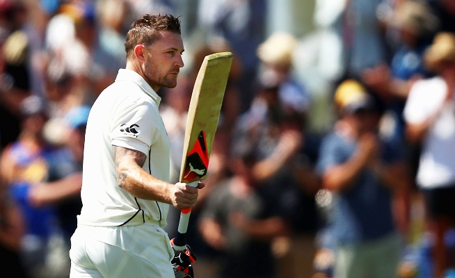 Brendon McCullum of New Zealand leaves the ground 