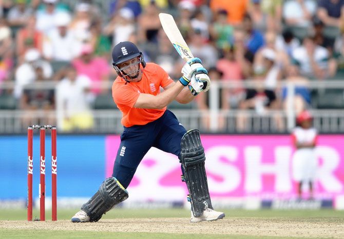 England batsman Jos Buttler plays a shot during the 2nd T20 International against South Africa on Sunday