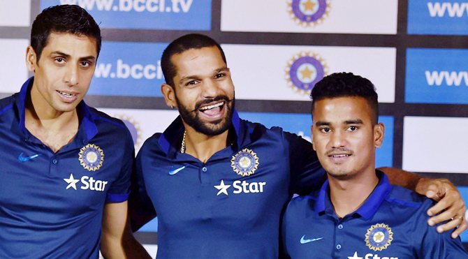 Shikhar Dhawan, Ashish Nehra and Pawan Negi interact with the media before leaving for Dhaka to participate in the Asia Cup 