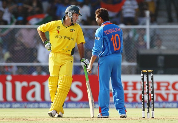 Ricky Ponting (left) of Australia chats with Sachin Tendulkar of India 