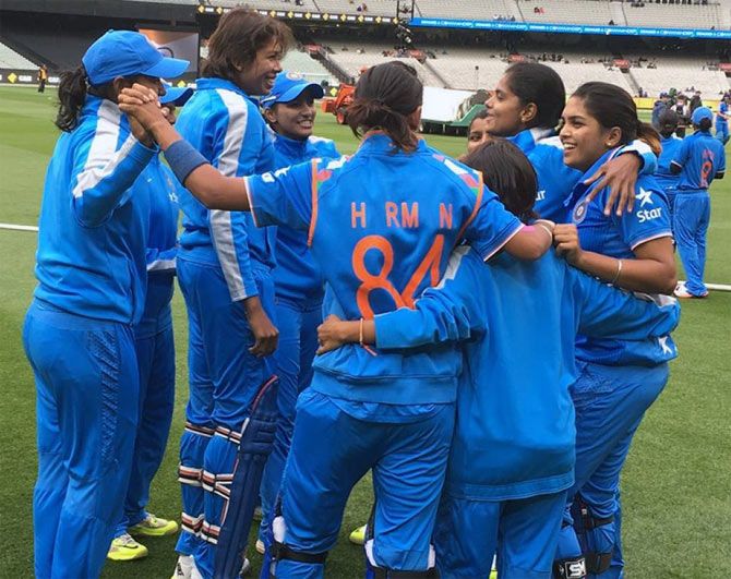 The Indian women's cricket team celebrates after winning a match