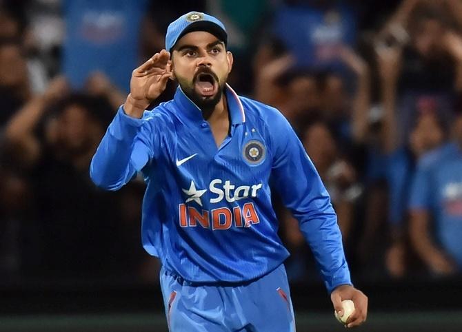 India's Virat Kohli reacts 