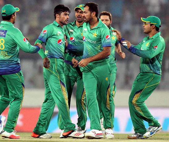 Pakistan players celebrates a wicket 