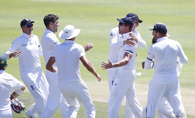 England players celebrate the wicket of South Africa's Stiaan van Zyl (not in picture)