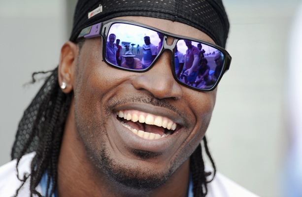 Chris Gayle of the West Indies is all smiles during a nets session 