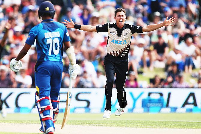 Trent Boult of the Black Caps celebrates the wicket of Tillakaratne Dilshan of Sri Lanka during the Twenty20 match at Bay Oval in Mount Maunganui, New Zealand, on Thursday