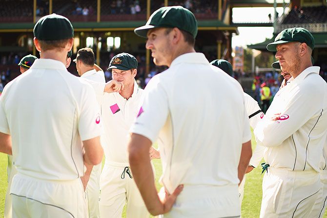Australian captain Steve Smith talks to his players after winning the series on Day 5 of the third Test match against the West Indies at Sydney Cricket Ground on Thursday